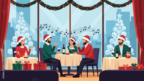 Group of friends celebrating Christmas with a festive dinner in a restaurant decorated with trees, presents, and holiday ornaments.