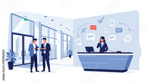 Modern corporate office reception area with a female receptionist on the phone and two businessmen talking in the spacious hallway.