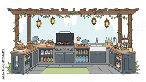 Spacious outdoor kitchen area under a wooden pergola with a large grill, sink, and various cooking supplies for backyard entertaining.
