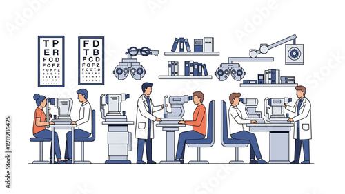 Multiple scenes of patients undergoing eye examinations by professional optometrists using advanced diagnostic equipment in a clinic.