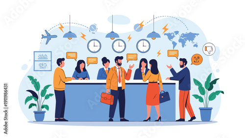 Travelers and staff interacting at a busy airport check-in counter with world maps and flight icons displayed in the background.