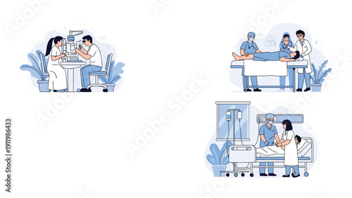 Collection of three medical illustrations showing an eye exam, a surgical procedure, and a nurse caring for a patient in a hospital bed.