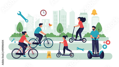 People using different types of eco-friendly city transportation like bicycles, scooters, and segways in a green urban park.