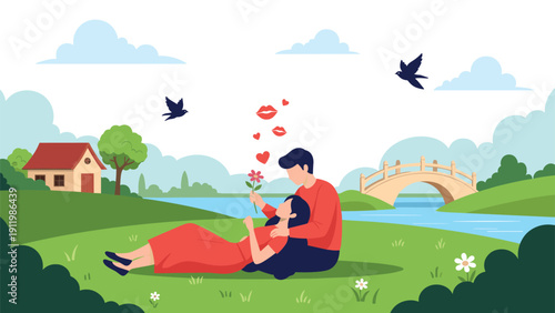 Loving couple lying on the green grass of a beautiful park near a river with a small stone bridge and a house in the distance.