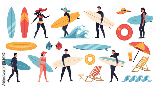 Comprehensive collection of surfing related items and people including diverse surfers, various board designs, and beach accessories.