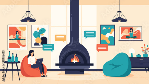 Woman working remotely on a laptop while sitting in a beanbag chair near a cozy fireplace in a modern and comfortable living room.