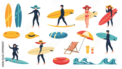 Set of diverse surfers with colorful surfboards and various beach equipment like umbrellas, chairs, and floats for summer vacation.