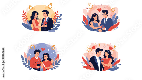 Romantic collection of four scenes featuring couples in love with flowers, hearts, and engagement rings in a soft colorful style.