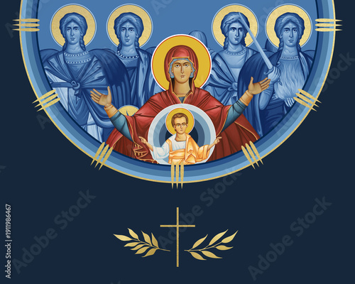 Blessed Virgin Mary and Jesus Christ with four cardinal points (Archangel Gabriel, Uriel, Raphael and Michael). Illustration in Byzantine style isolated