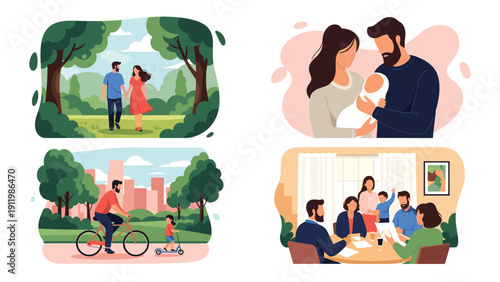 Four panels illustrating different life stages and family activities including walking in a park, holding a baby, and dining together.