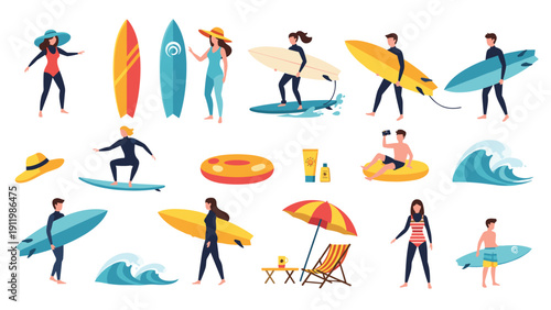 Set of summer beach activities and surfing characters with various surfboards, waves, and sun protection accessories on white.