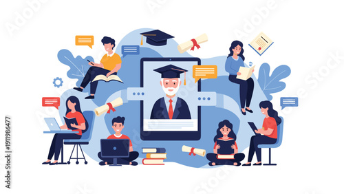 Diverse group of students engaging in online learning and graduation activities around a central tablet showing senior professor.