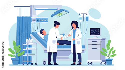 Female doctors in white coats performing medical procedure on patient arm in sterile clinical environment with monitoring tools.