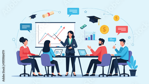 Diverse professional business team collaborating in modern office during presentation with financial growth charts and icons.