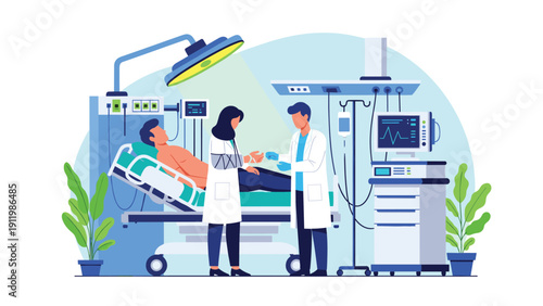 Medical professionals providing care to male patient in modern hospital ward equipped with advanced health monitoring technology.