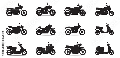 Set of various motorcycle and scooter silhouettes classic cruiser sport bikes mopeds black white