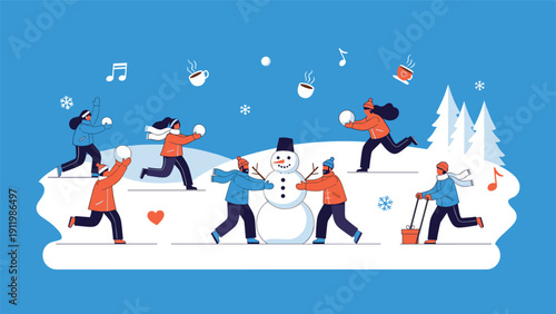 Joyful group of people having fun in winter landscape building a large snowman and engaging in playful outdoor snowball fights.