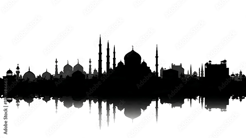 Naklejka premium Majestic City Skyline Silhouette at Dusk with Reflection on Calm Waters
