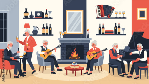 Active seniors enjoying music and social activities in cozy community center lounge with fireplace, piano, and acoustic guitars.
