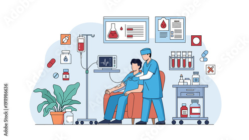 Healthcare professional administering intravenous therapy to a patient in a comfortable medical clinic treatment room.
