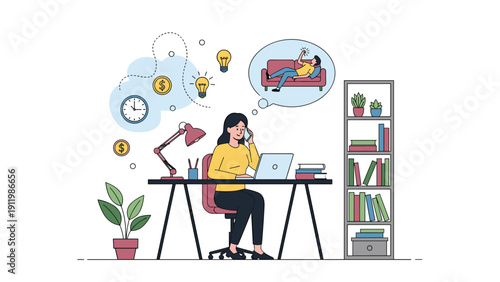 Freelance professional woman working on a laptop at her home office while thinking about a man relaxing on a sofa nearby.