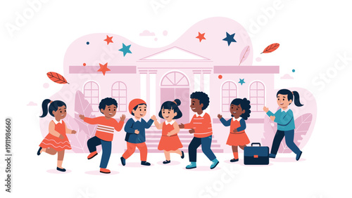 Group of happy multicultural children playing together in front of a school building during a bright sunny afternoon.