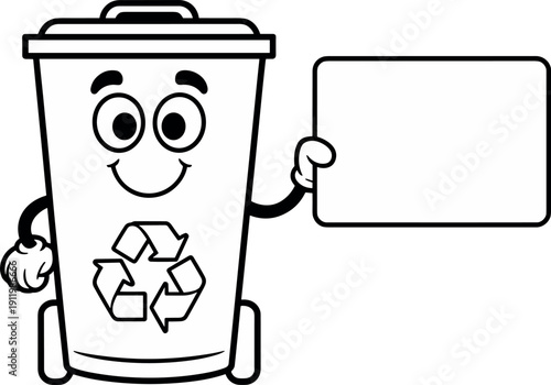 Cute black and white cartoon recycle bin character holding a blank sign for eco friendly message or sustainability branding.