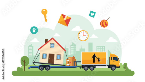 Professional moving service transporting a complete house on a flatbed truck through a suburban landscape with city skyline.