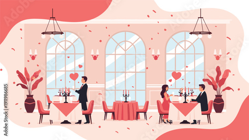 Romantic fine dining restaurant interior featuring couples sharing meals at elegant tables decorated with hearts and candles.