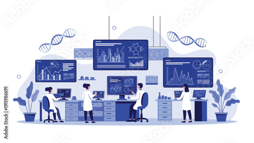 Scientific laboratory researchers analyzing complex genetic data and molecular structures on large digital display monitors.