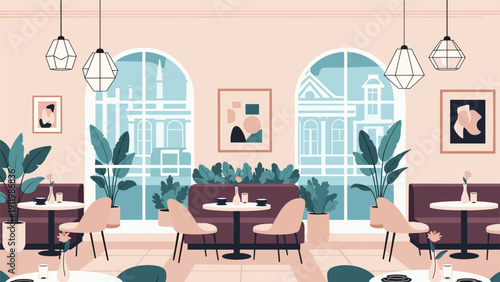 Beautifully designed modern cafe interior with comfortable seating, lush indoor plants, and large arched windows for light.