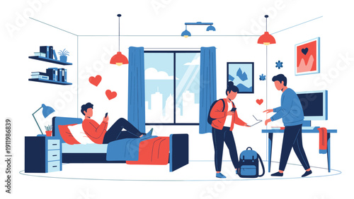 Young students or teenagers hanging out in a bedroom while using their mobile phones and a laptop for social media.