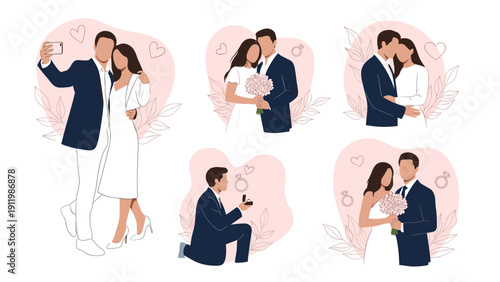 Romantic wedding photography set featuring couples in various poses including an engagement proposal and portrait sessions.