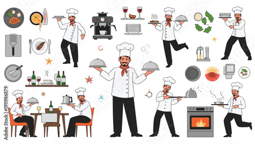 Detailed collection of professional chefs and waitstaff performing various kitchen tasks, serving food, and cooking meals.