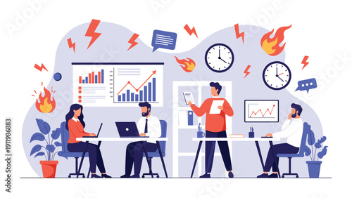 Stressful office work environment showing employees working under pressure with symbolic fire and lightning bolt icons.