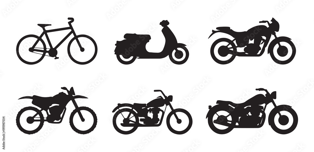 Obraz premium Motorcycle and bicycle silhouette set featuring various bike types and scooter icons on white background