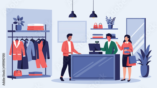 Diverse customers shopping in a modern clothing store where a helpful clerk assists them at the checkout counter.