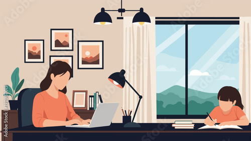 Productive mother working on her laptop while her young daughter focuses on school homework in a home office setting.