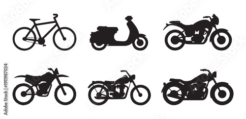 Motorcycle and bicycle silhouette set featuring various bike types and scooter icons on white background