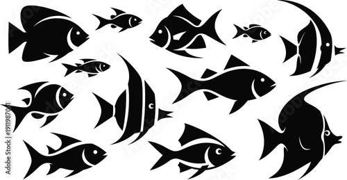 A group of black fish silhouettes swimming together in white space