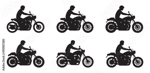 Biker silhouettes riding motorcycles set showing different poses and helmet styles on isolated background