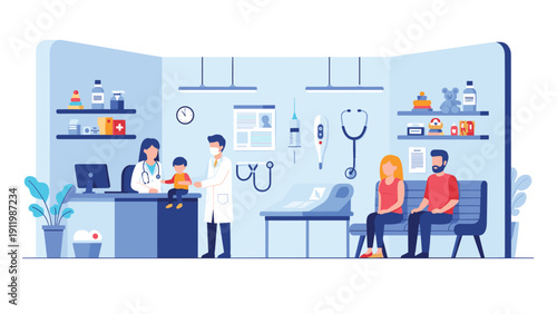 Pediatric clinic illustration showing doctors examining a young child while parents wait in a well-equipped room.