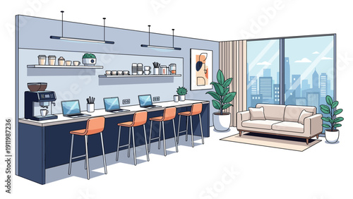 Stylish office breakroom or coffee bar area offers a modern lounge space with high stools, espresso machine, and views of a city skyline.