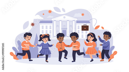 Diverse group of happy children runs and plays together in front of a classic school building during recess on a bright and sunny day.