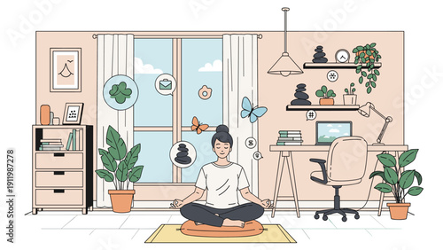 Young woman practices meditation and yoga in her bright home office filled with green plants to improve her mental health and wellness.