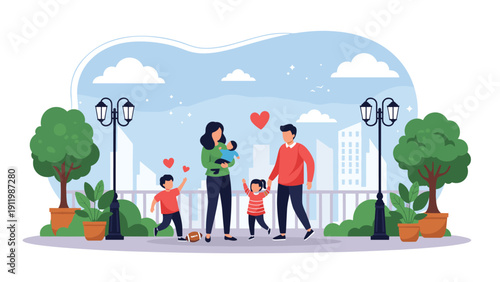 Loving family with young children enjoys a pleasant walk together in a scenic city park during a beautiful day filled with joy and love.