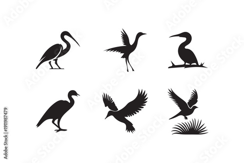 Birds silhouettes black set icon on white background.