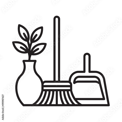 A simple black and white illustration of a plant broom and dustpan