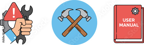Technical Support Icon Set Vector Hand Holding Wrench Hammer Tools And User Manual Guide For Repair And Assembly