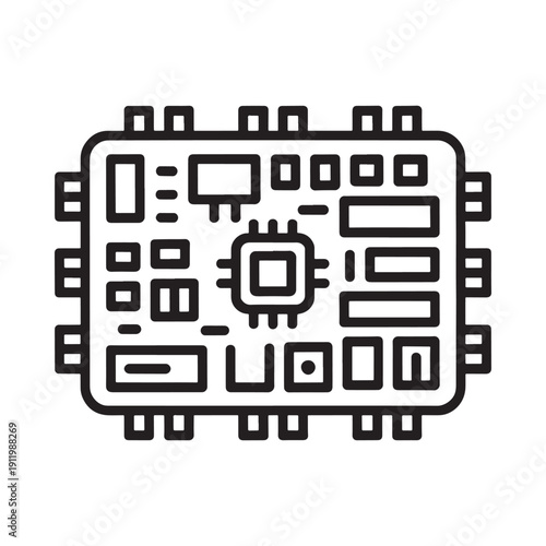 Linear illustration of a microchip with intricate internal circuitry and connections